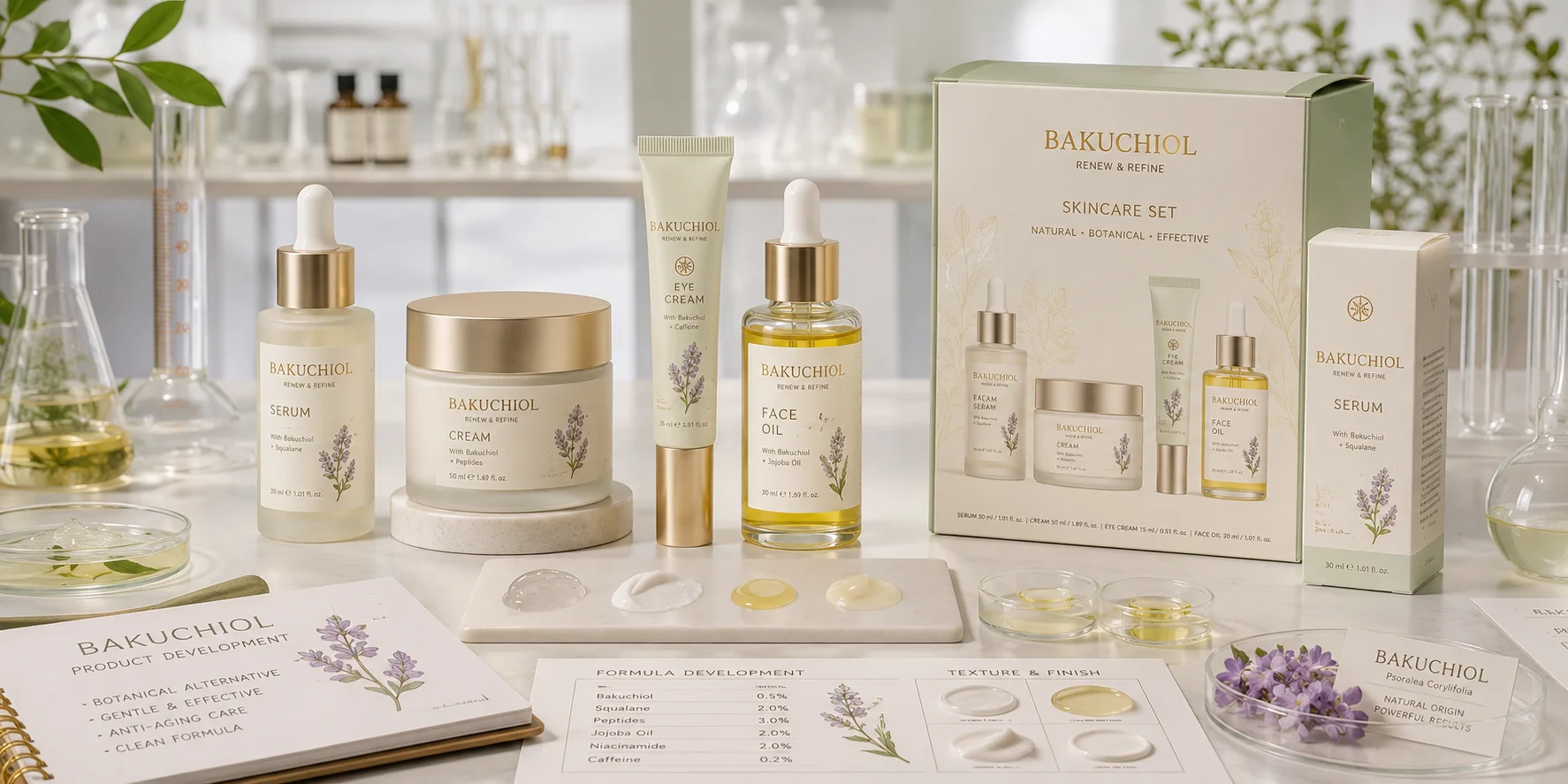 Bakuchiol skincare set featuring serum, cream, face oil, and eye cream surrounded by botanical ingredients and lab setup for demonstration.